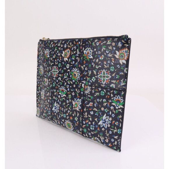 NWT Tory Burch PANSY Flower Block T Leather Clutch Midnight